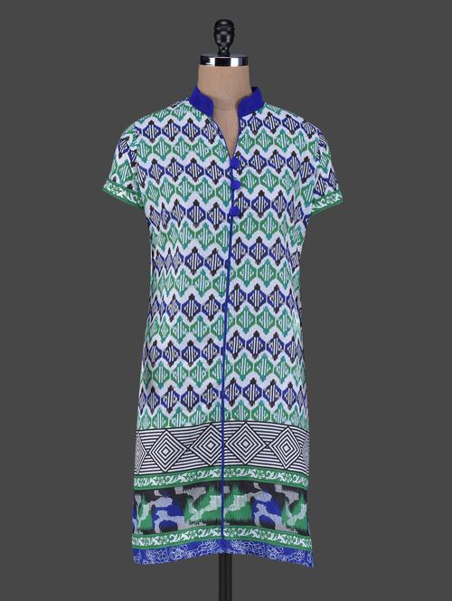 mandarin collar geometric print cotton kurta - 1116265 - Very Small Image - 1