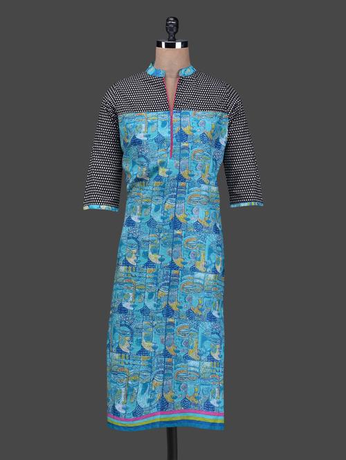 monochrome yoke turquoise printed kurta - 1116348 - Very Small Image - 1