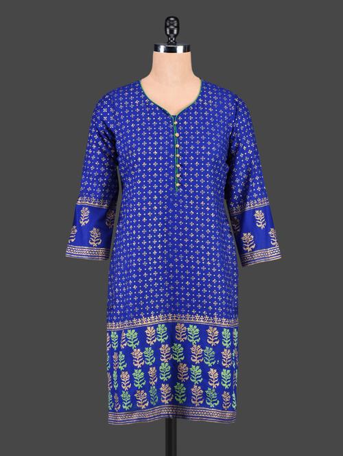 blue cotton straight kurta - 1116529 - Very Small Image - 1