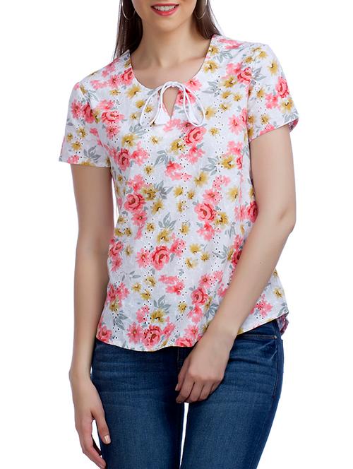 tie neck schiffli floral top - 11167154 - Very Small Image - 1
