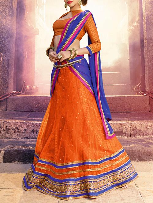 orange brocade & embroidered work net lehenga set - 1116910 - Very Small Image - 1