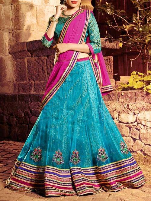 blue brocade & embroidered work net lehenga set - 1116915 - Very Small Image - 1