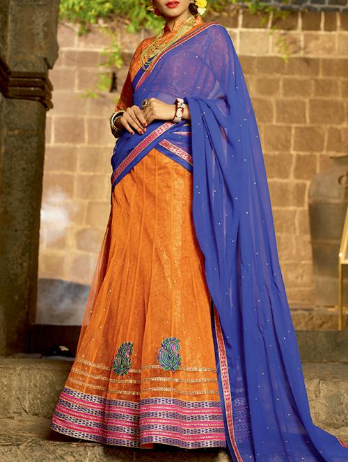 orange brocade & embroidered work net lehenga set - 1116918 - Very Small Image - 1