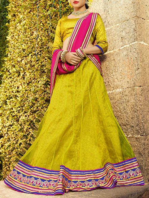 yellow brocade & embroidered work net lehenga set - 1116919 - Very Small Image - 1