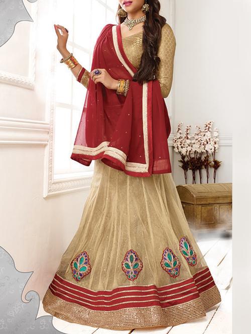 beige brocade & embroidered work net lehenga set - 1116954 - Very Small Image - 1