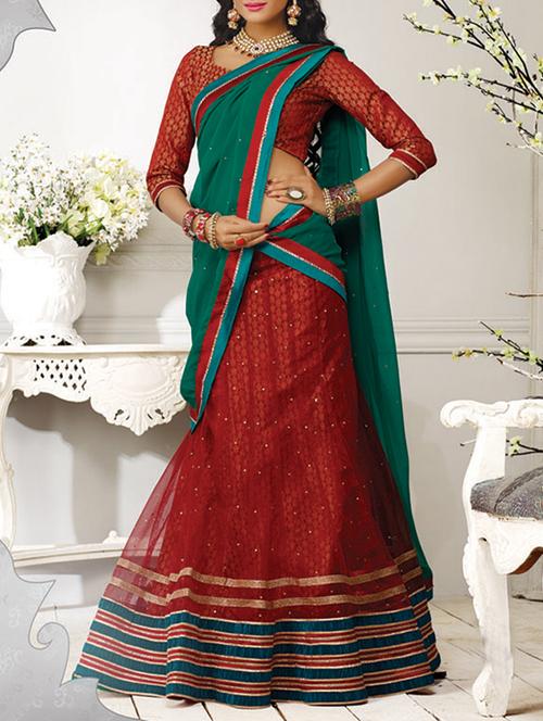 maroon brocade & embroidered work net lehenga set - 1116956 - Very Small Image - 1