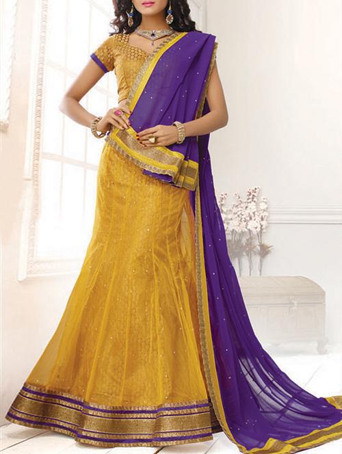 yellow brocade & embroidered work net lehenga set - 1116958 - Very Small Image - 1