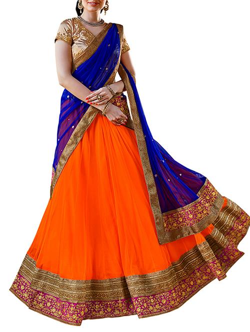 orange embroidered work net lehenga set - 1117012 - Very Small Image - 1