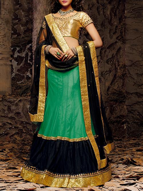 black & green embroidered work & sequin work net lehenga set - 1117038 - Very Small Image - 1
