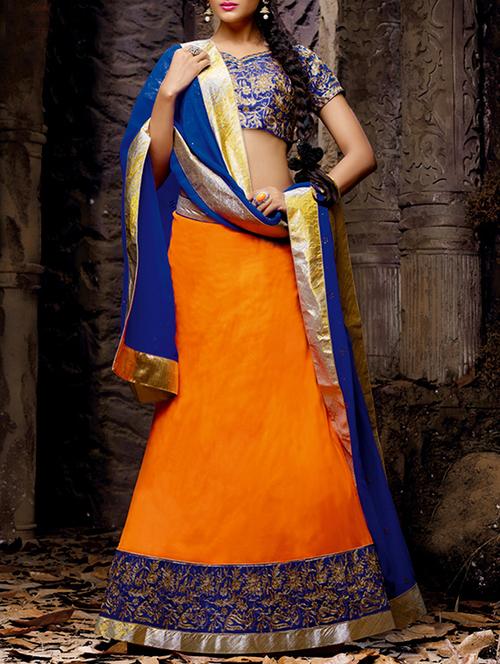orange embroidered work net lehenga set - 1117043 - Very Small Image - 1