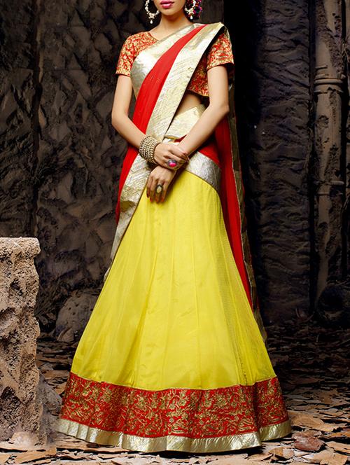 yellow embroidered work net lehenga set - 1117044 - Very Small Image - 1
