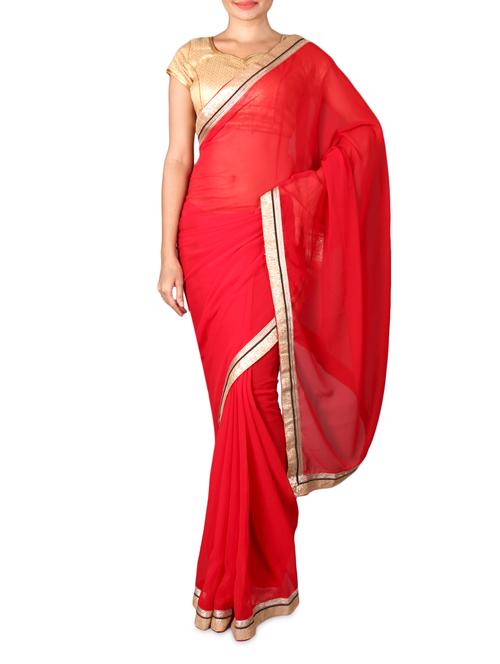 red chiffon saree with gold border - 1120545 - Very Small Image - 1