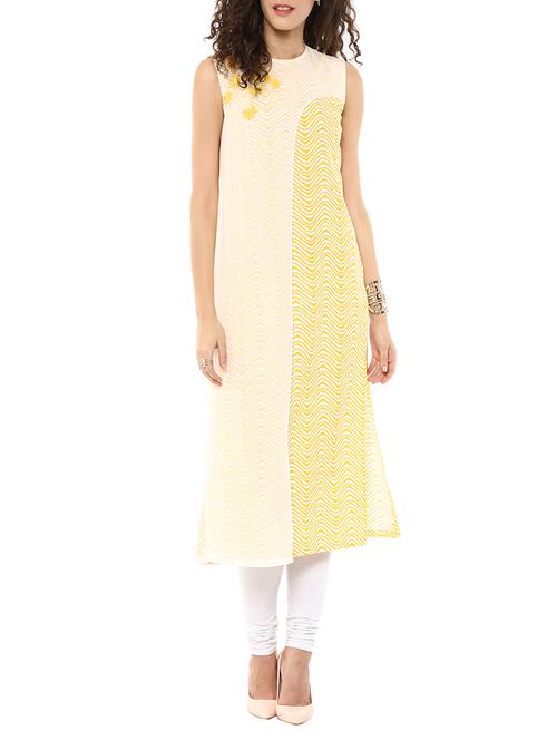yellow and white printed and embroidered kurta - 11217138 - Very Small Image - 1