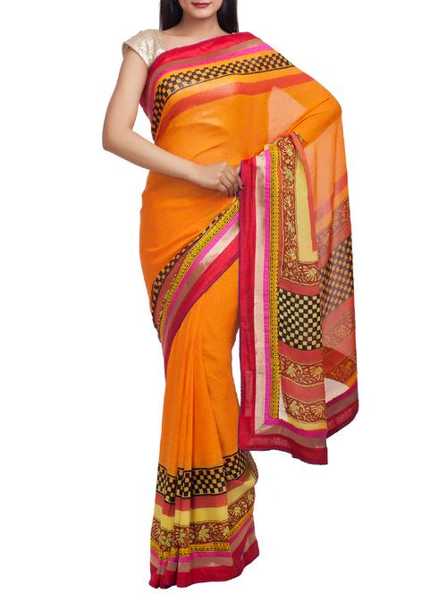 yellow georgette printed saree with blouse - 11218185 - Very Small Image - 1