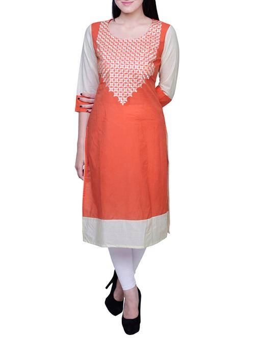 orange and white embroidered cotton kurta - 11223035 - Very Small Image - 1