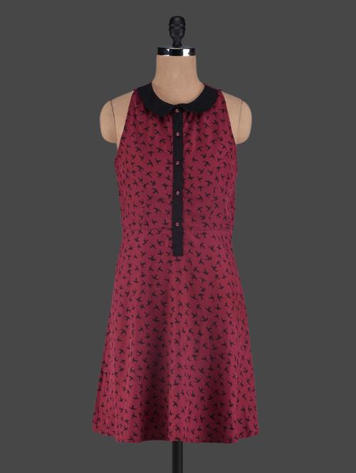 maroon bird printed peter pan collar dress - 1122694 - Very Small Image - 1