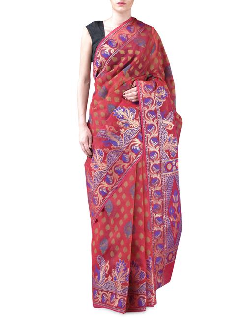 red chanderi cotton brocade banarasi saree - 1122911 - Very Small Image - 1