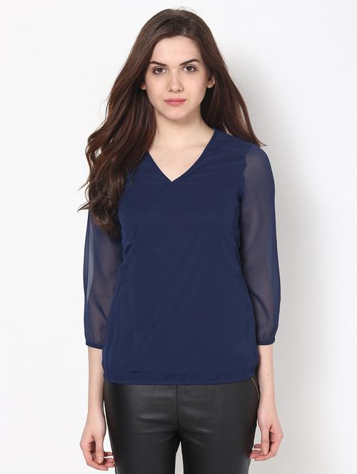 plain v-neck three quarter sleeves polygeorgette top - 1125020 - Very Small Image - 1
