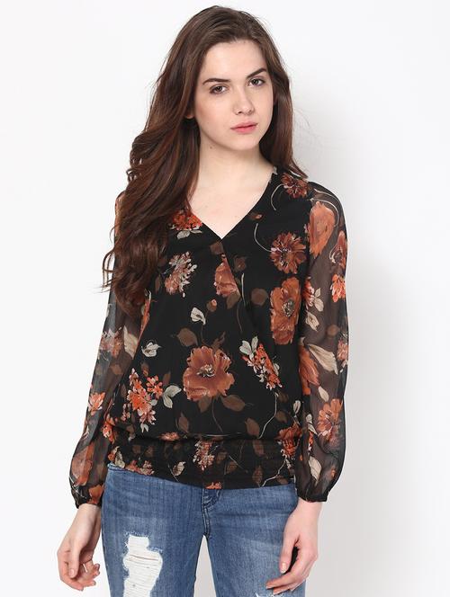 floral printed v-neck poly chiffon top - 1125044 - Very Small Image - 1