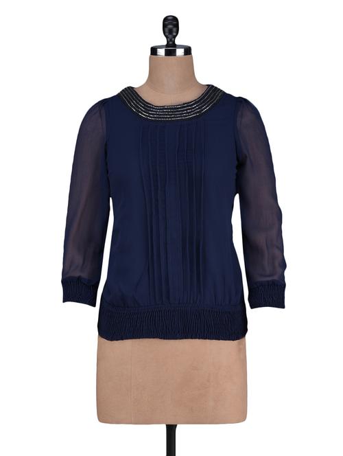 sequin neck three quarter sleeves polychiffon top - 1125065 - Very Small Image - 1