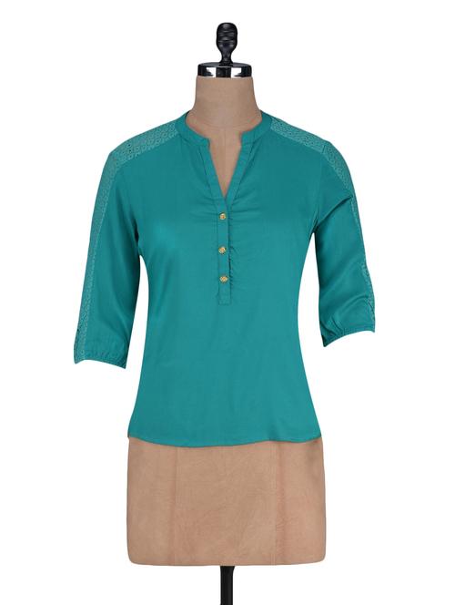 lace yoke three quarter sleeves rayon top - 1125071 - Very Small Image - 1