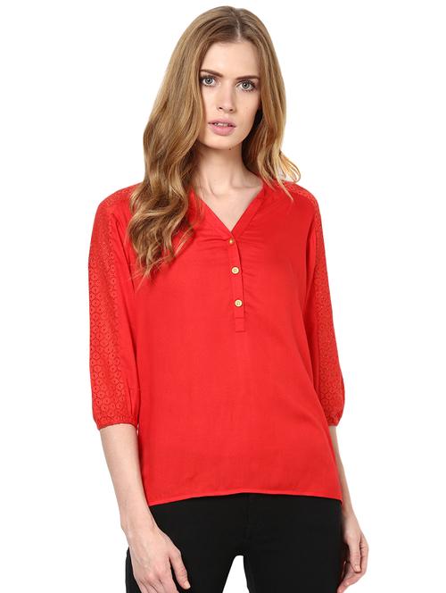 lace yoke three quarter sleeves rayon top - 1125072 - Very Small Image - 1