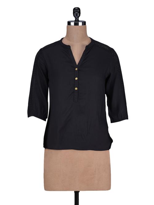 lace yoke three quarter sleeves rayon top - 1125074 - Very Small Image - 1