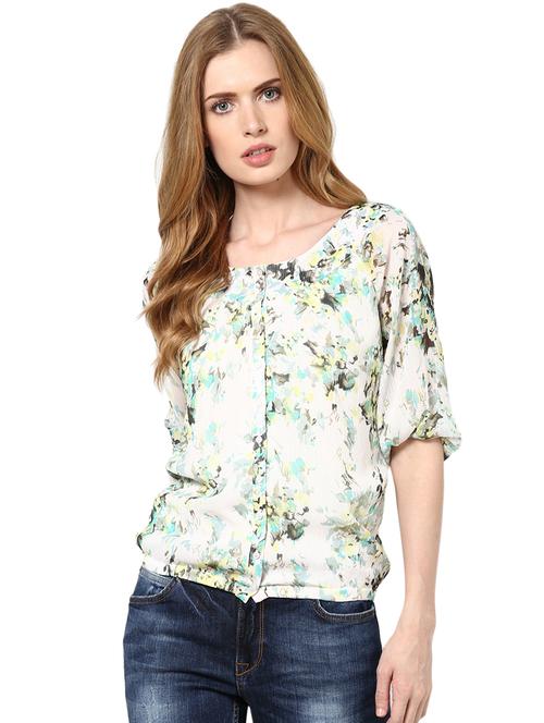 floral printed round neck polychiffon top - 1125090 - Very Small Image - 1