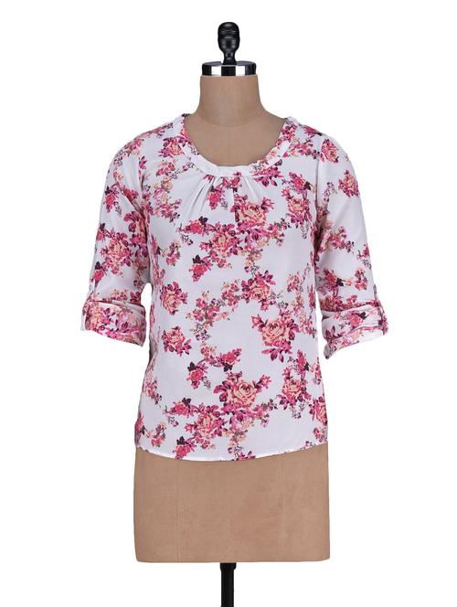 floral printed round neck polycrepe top - 1125136 - Very Small Image - 1