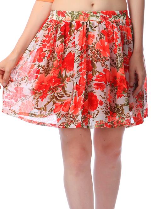 orange floral print georgette flared skirt - 11269422 - Very Small Image - 1