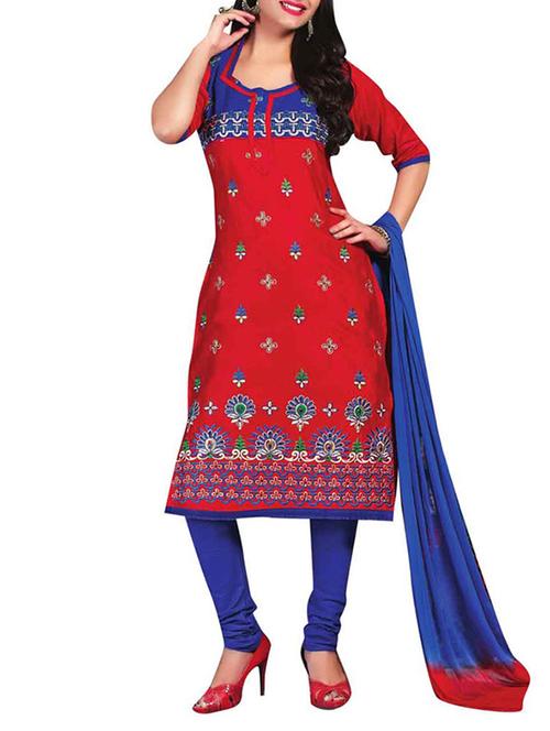 red cotton unstitched suit - 11276454 - Very Small Image - 1