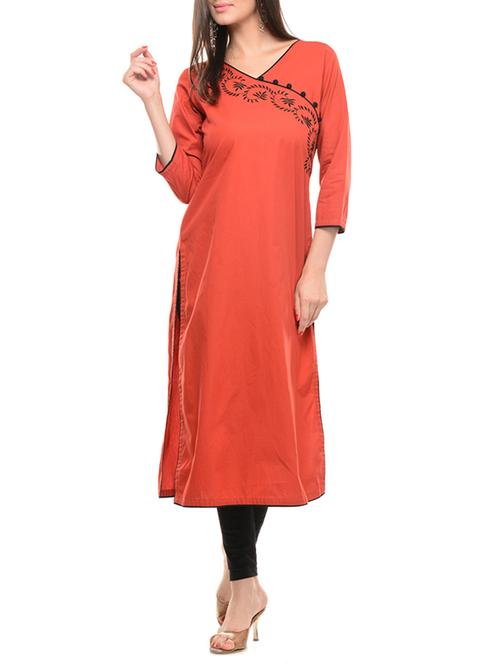 orange cotton long kurta - 11278854 - Very Small Image - 1