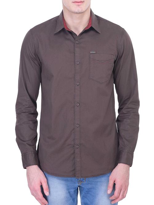 solid dark taupe cotton casual shirt - 11280245 - Very Small Image - 1