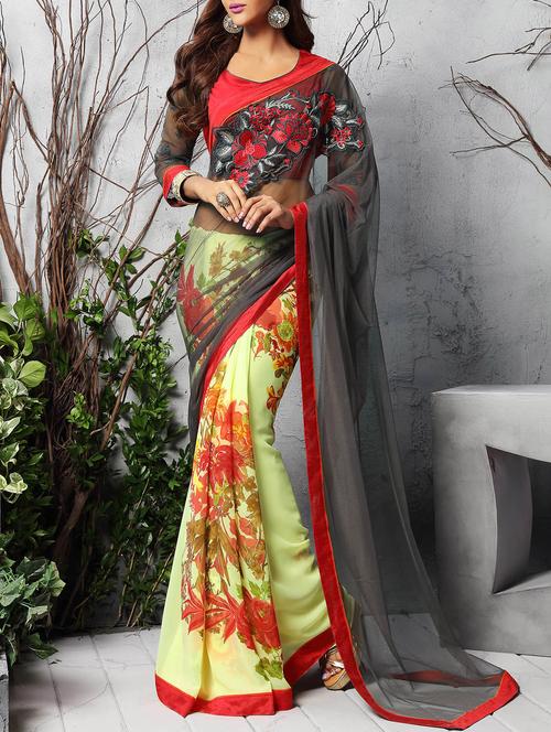 yellow embroidered half & half saree with blouse - 11282721 - Very Small Image - 1
