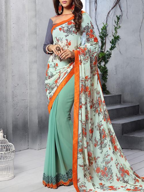 green printed half & half saree with blouse - 11282858 - Very Small Image - 1