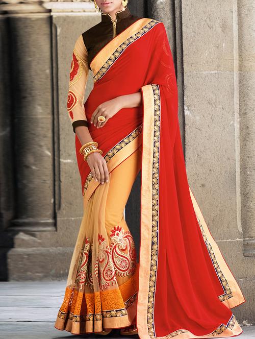 orange embroidered half & half saree with blouse - 11282936 - Very Small Image - 1