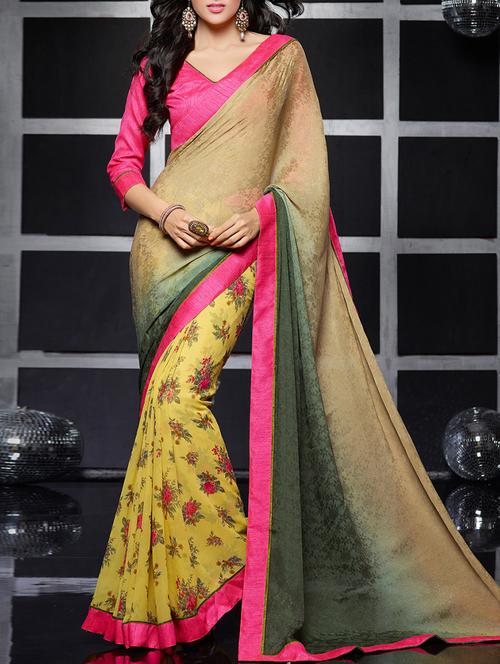 yellow printed half & half saree with blouse - 11282939 - Very Small Image - 1