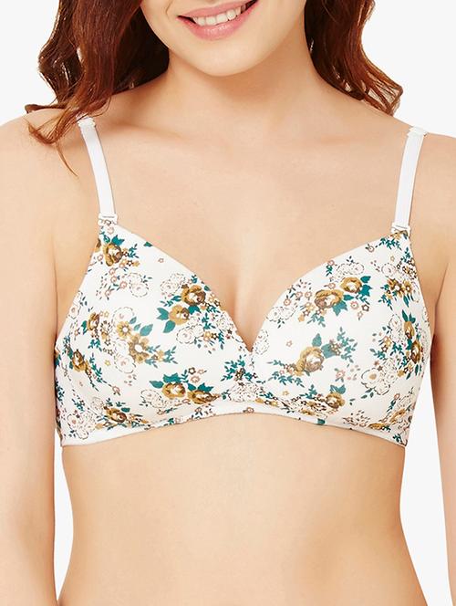 cream floral printed cotton t-shirt bra - 11285130 - Very Small Image - 1