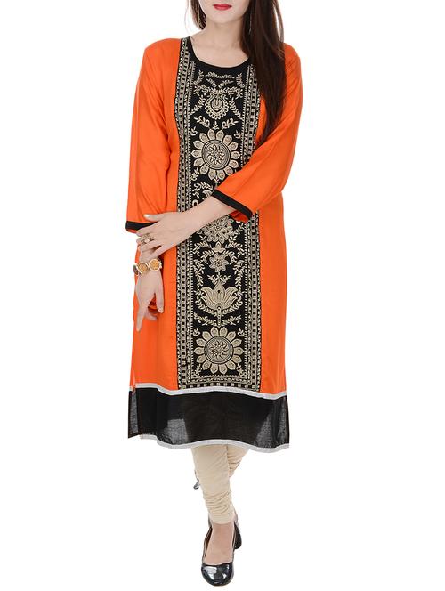 orange embroidered rayon kurta - 11286955 - Very Small Image - 1