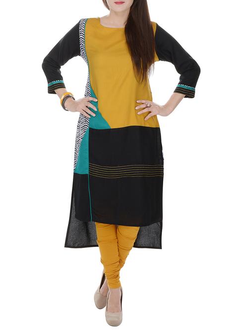 yellow black high-low rayon kurta - 11286962 - Very Small Image - 1