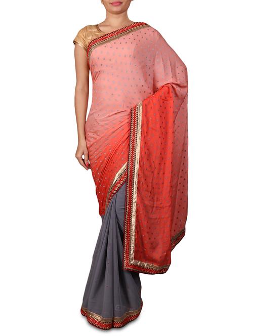 red and grey viscose and chiffon saree - 1128732 - Very Small Image - 1