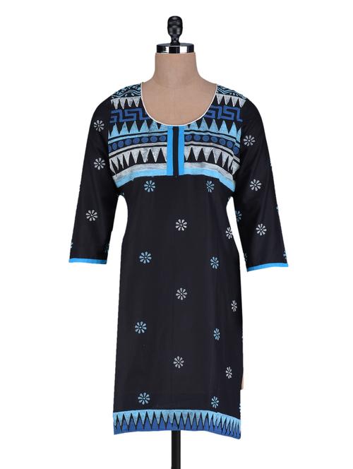 Black Printed Cotton Kurta - 1128968 - Very Small Image - 1