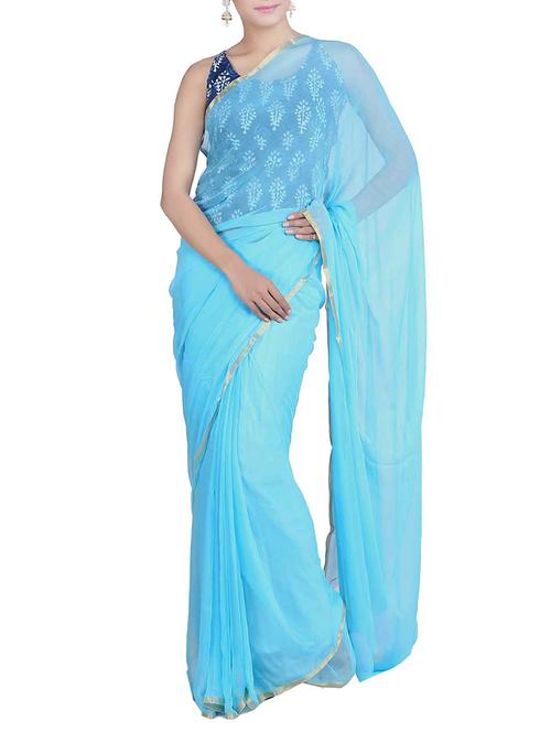 solid sky blue chiffon saree - 11293177 - Very Small Image - 1