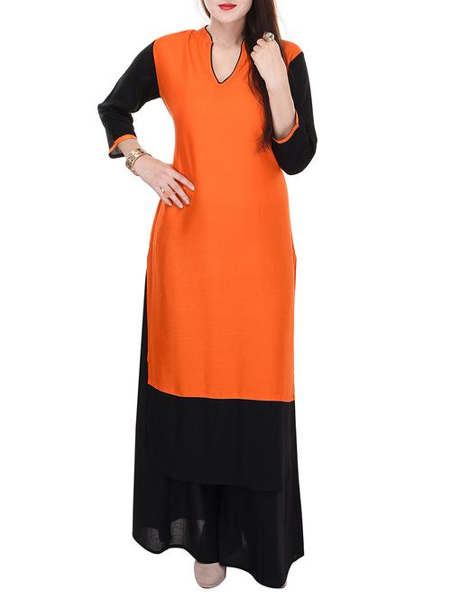 orange black color block cotton kurta - 11294377 - Very Small Image - 1