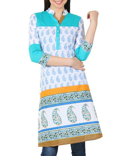 white and blue printed cotton kurta - 11294627 - Very Small Image - 1
