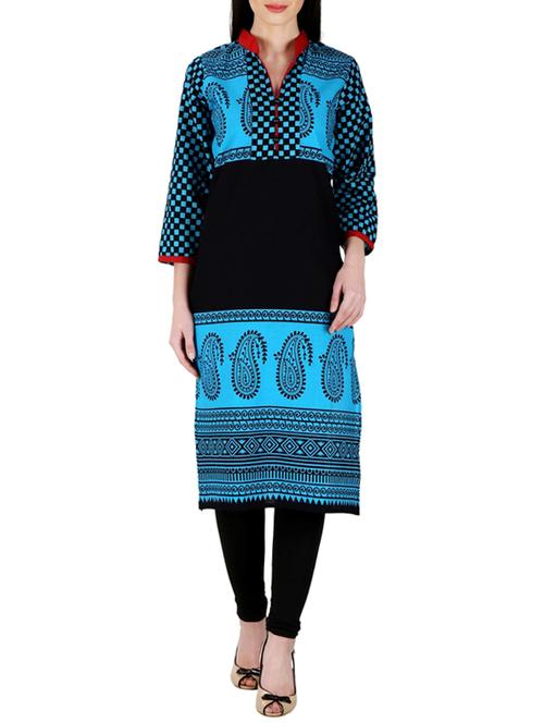 light blue and black printed cotton kurta - 11298648 - Very Small Image - 1