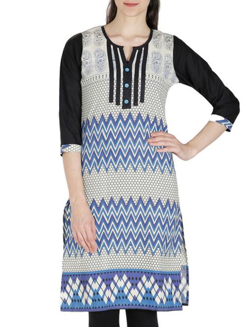 white and blue printed cotton kurta - 11298649 - Very Small Image - 1