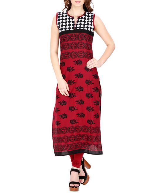 maroon floral print cotton kurta - 11298656 - Very Small Image - 1