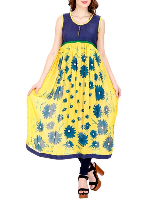 yellow and navy blue floral print georgette kurta - 11298660 - Very Small Image - 1