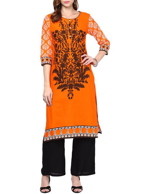 orange color, cotton printed kurta - 11302359 - Very Small Image - 1